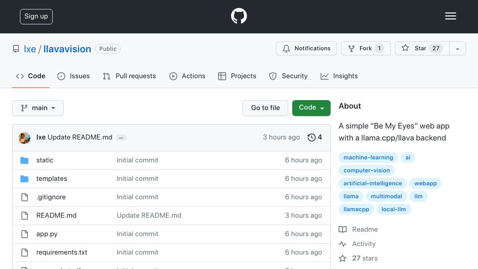 Screenshot of github.com: Show HN: LLaVaVision: An AI "Be My Eyes"-like web app with a llama.cpp backend