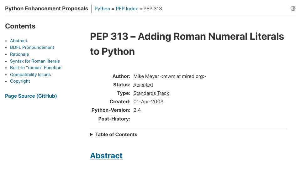 Screenshot of peps.python.org: Adding Roman Numeral Literals to Python (2003)