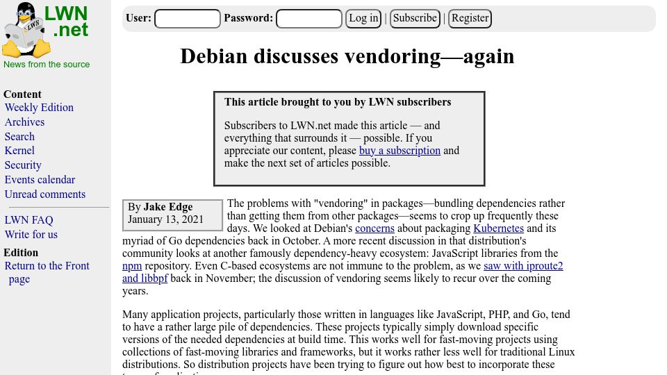 Screenshot of lwn.net: Debian discusses vendoring again (2021)