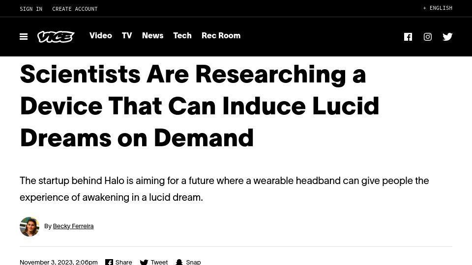 Screenshot of vice.com: Scientists Are Researching a Device That Can Induce Lucid Dreams on Demand