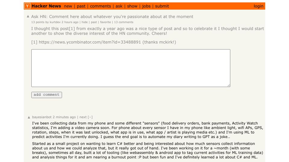 Screenshot of Hacker News post: Ask HN: Comment here about whatever you're passionate about at the moment