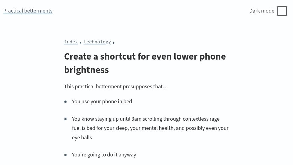 Screenshot of practicalbetterments.com: Create a shortcut for even lower phone brightness