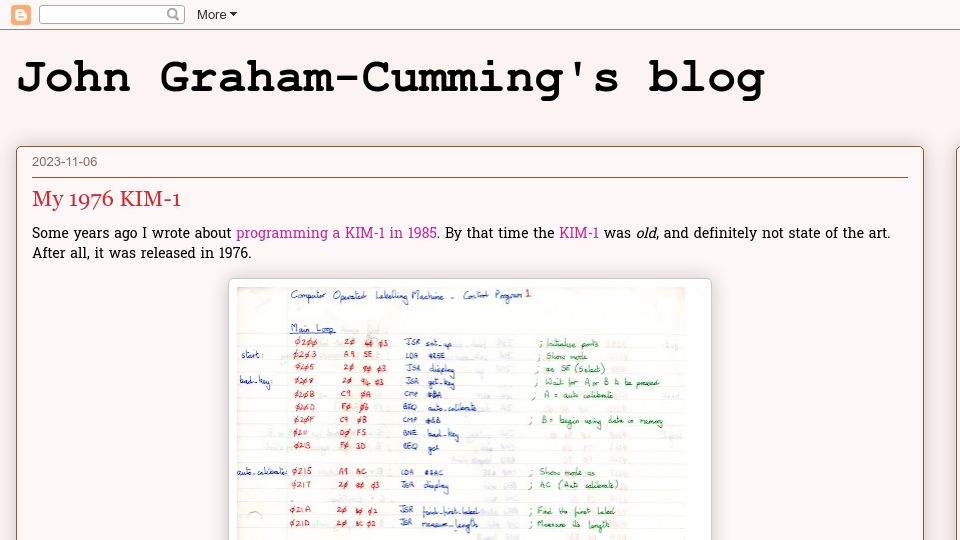 Screenshot of blog.jgc.org: My 1976 KIM-1