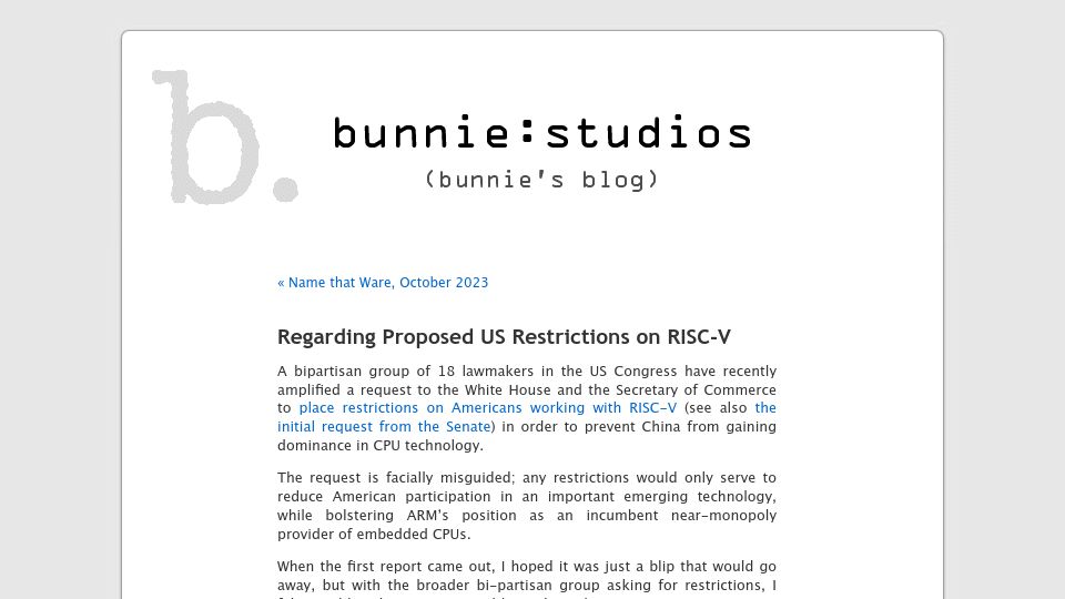 Screenshot of bunniestudios.com: Regarding Proposed US Restrictions on RISC-V