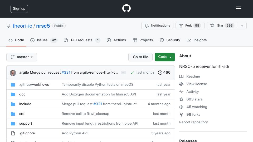 Screenshot of github.com: Nrsc5: Receive NRSC-5 digital radio stations using an RTL-SDR dongle