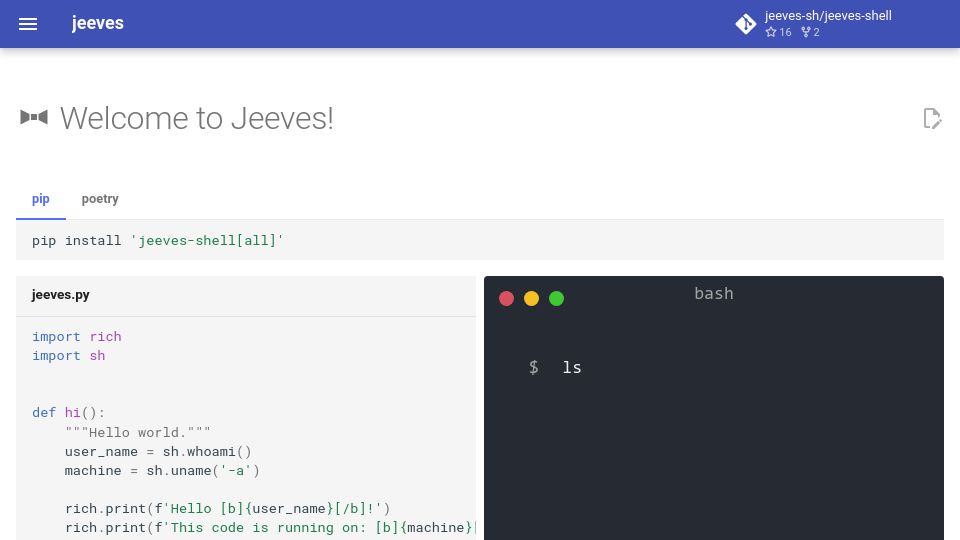 Screenshot of jeeves.sh: Show HN: Jeeves – A Pythonic Alternative to GNU Make
