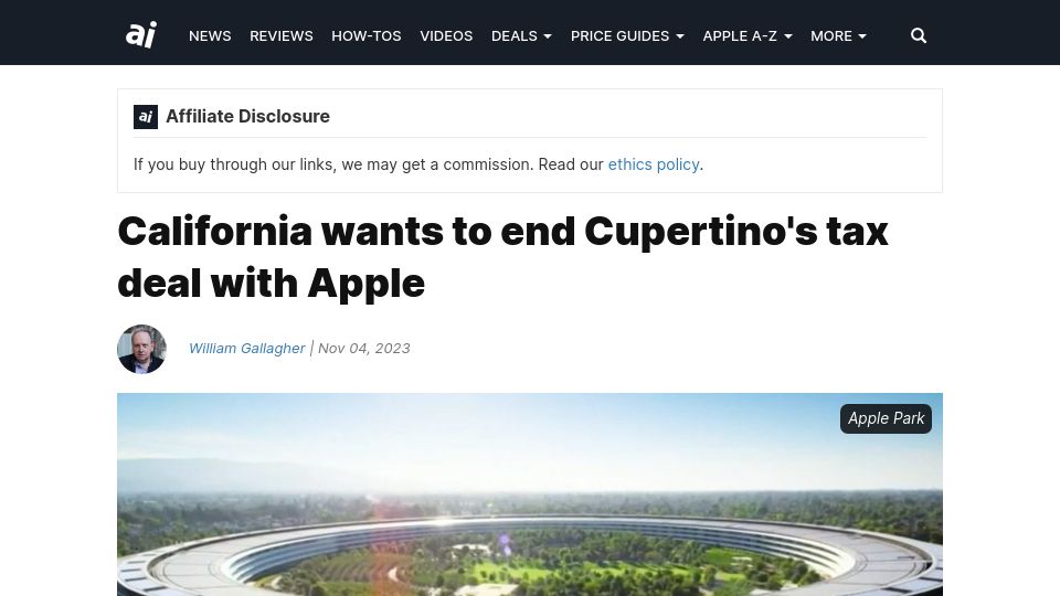 Screenshot of appleinsider.com: California wants to end Cupertino's tax deal with Apple