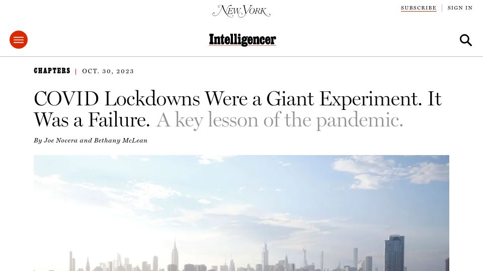 Screenshot of nymag.com: Covid Lockdowns Were a Giant Experiment. It Was a Failure