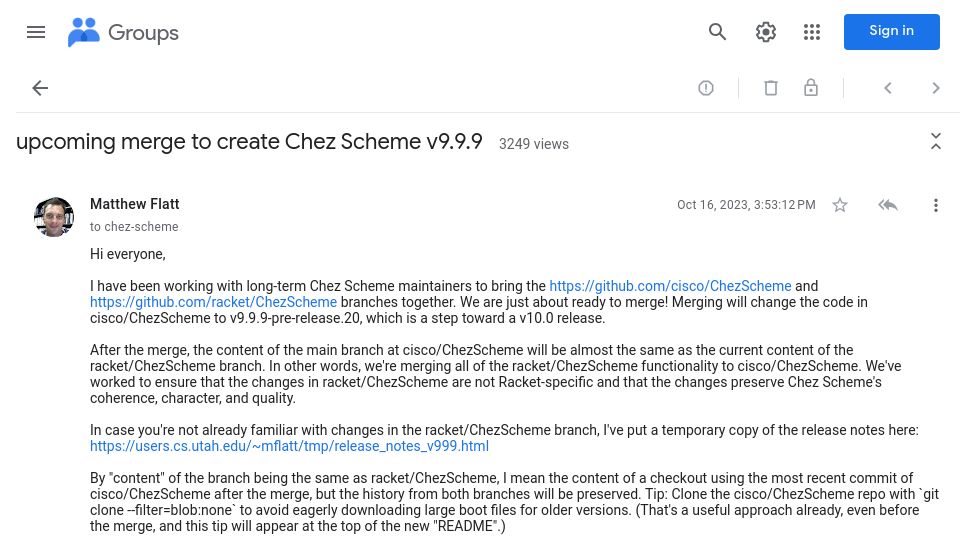 Screenshot of groups.google.com: Racket branch of Chez Scheme merging with mainline Chez Scheme
