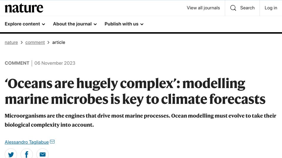 Screenshot of nature.com: Oceans are hugely complex: modelling marine microbes is key to climate forecasts