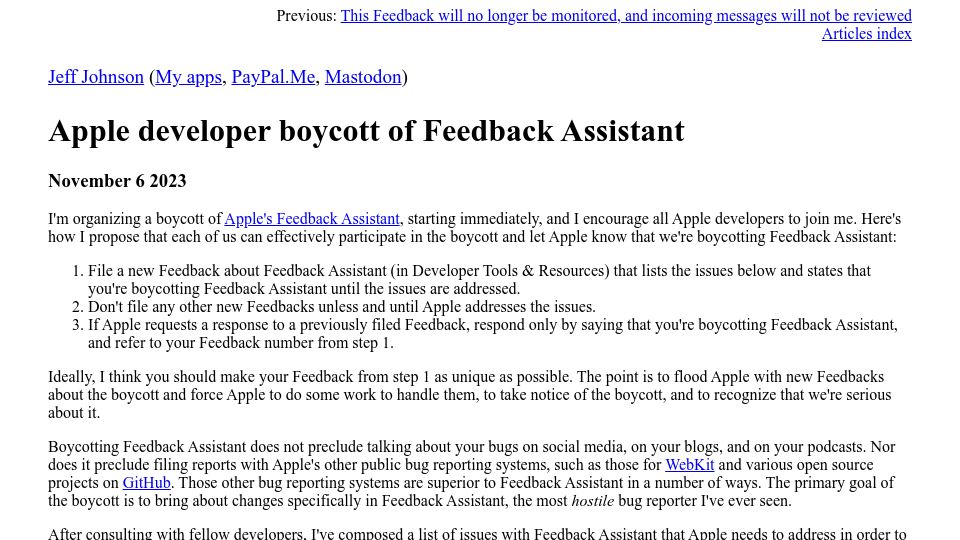 Screenshot of lapcatsoftware.com: Apple developer boycott of Feedback Assistant