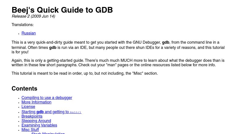 Screenshot of beej.us: Beej's Quick Guide to GDB (2009)