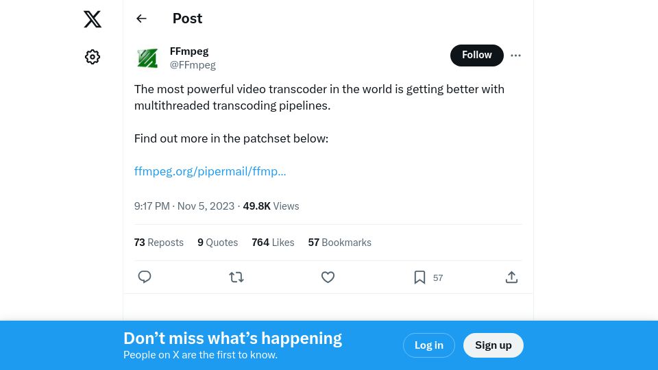 Screenshot of twitter.com: FFmpeg is getting better with multithreaded transcoding pipelines