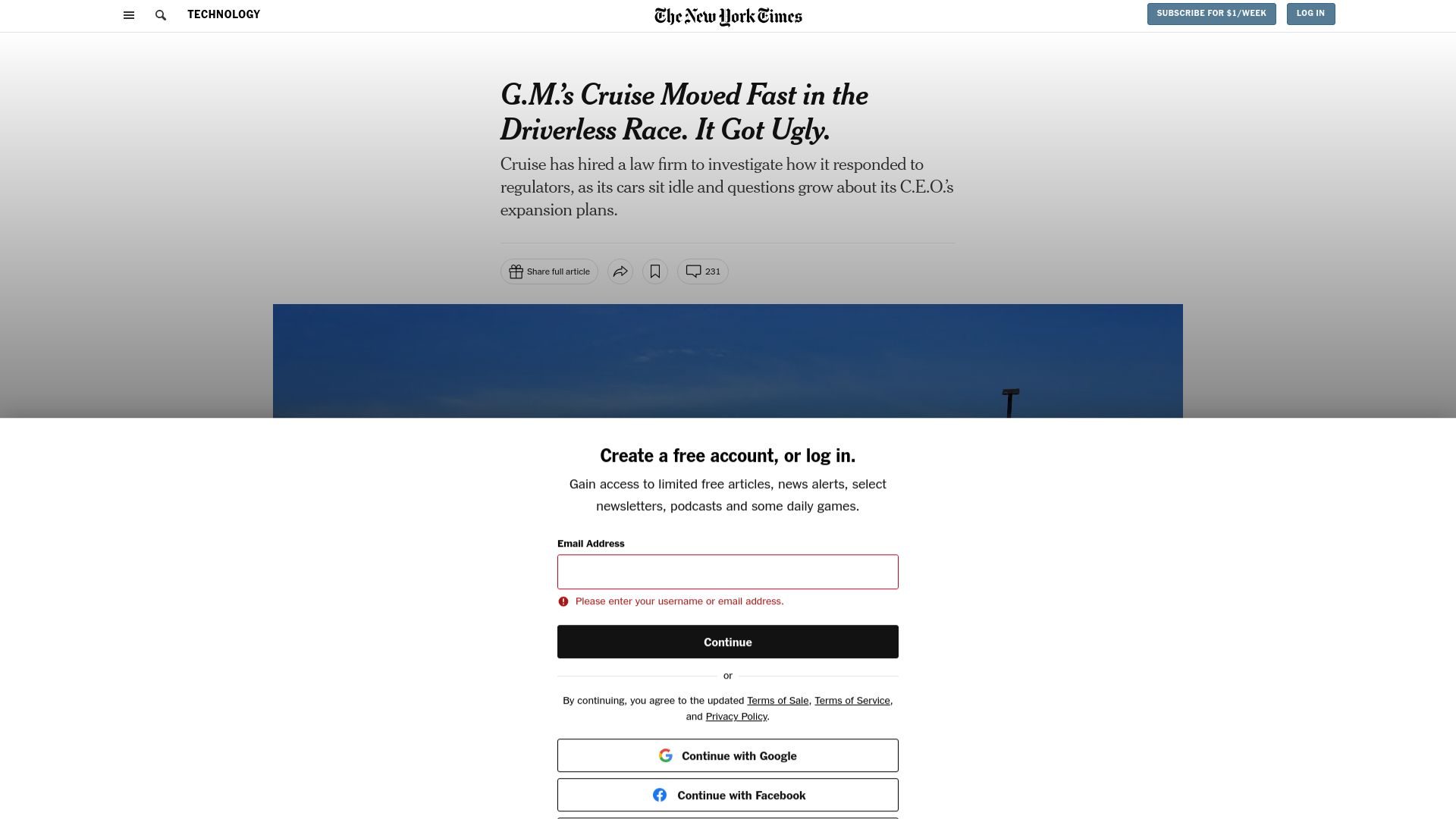 Screenshot of nytimes.com: GM's Cruise alleged to rely on human operators to achieve "autonomous" driving