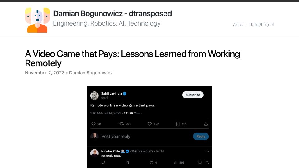 Screenshot of dtransposed.github.io: A Video Game That Pays: Lessons Learned from Working Remotely