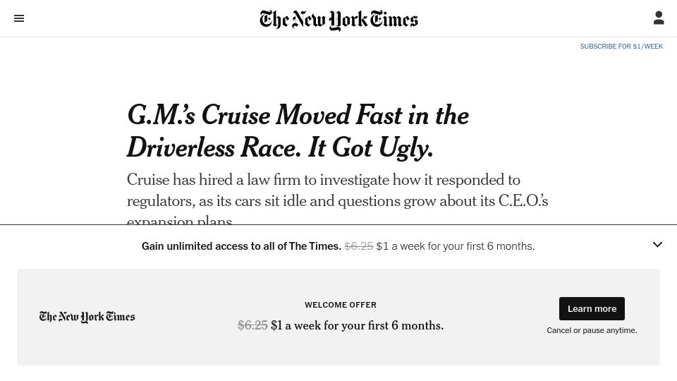 Screenshot of nytimes.com: GM's Cruise alleged to rely on human operators to achieve "autonomous" driving