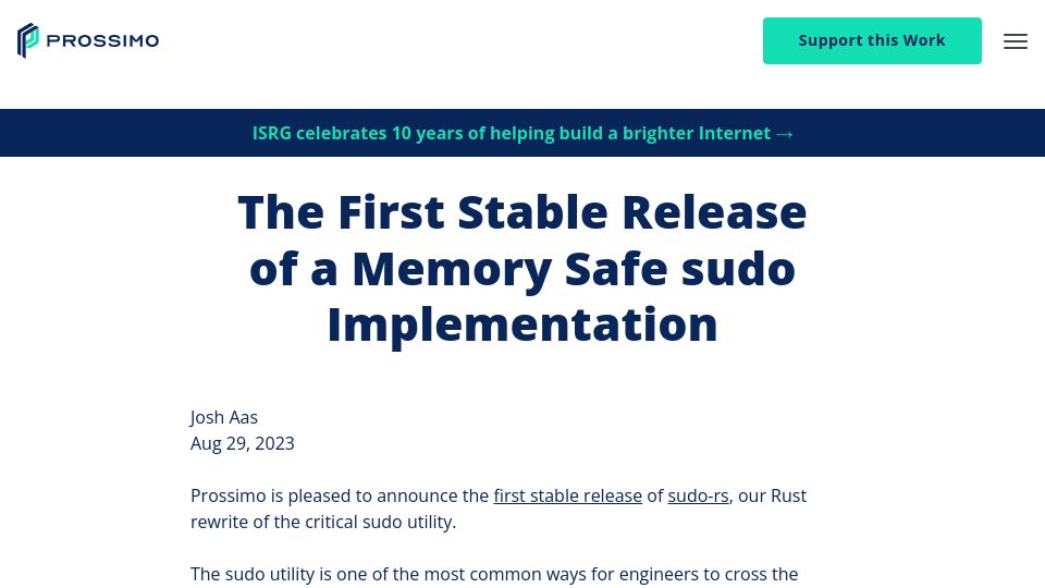 Screenshot of memorysafety.org: The first stable release of a memory safe sudo implementation