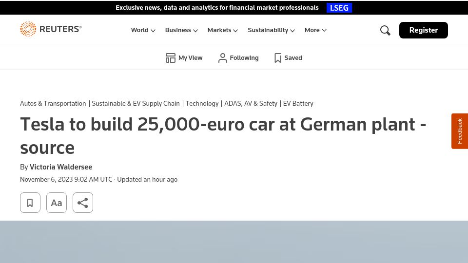 Screenshot of reuters.com: Tesla to build 25,000-euro car at German plant