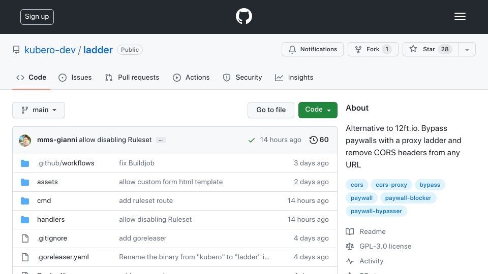 Screenshot of github.com: Show HN: Ladder, open source alternative to 12ft.io and 1ft.io