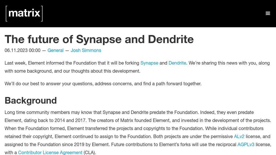 Screenshot of matrix.org: The Future of Synapse and Dendrite