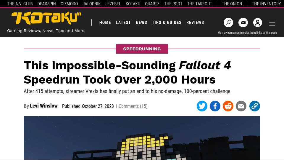 Screenshot of kotaku.com: Impossible-Sounding Fallout 4 Speedrun Took over 2k Hours
