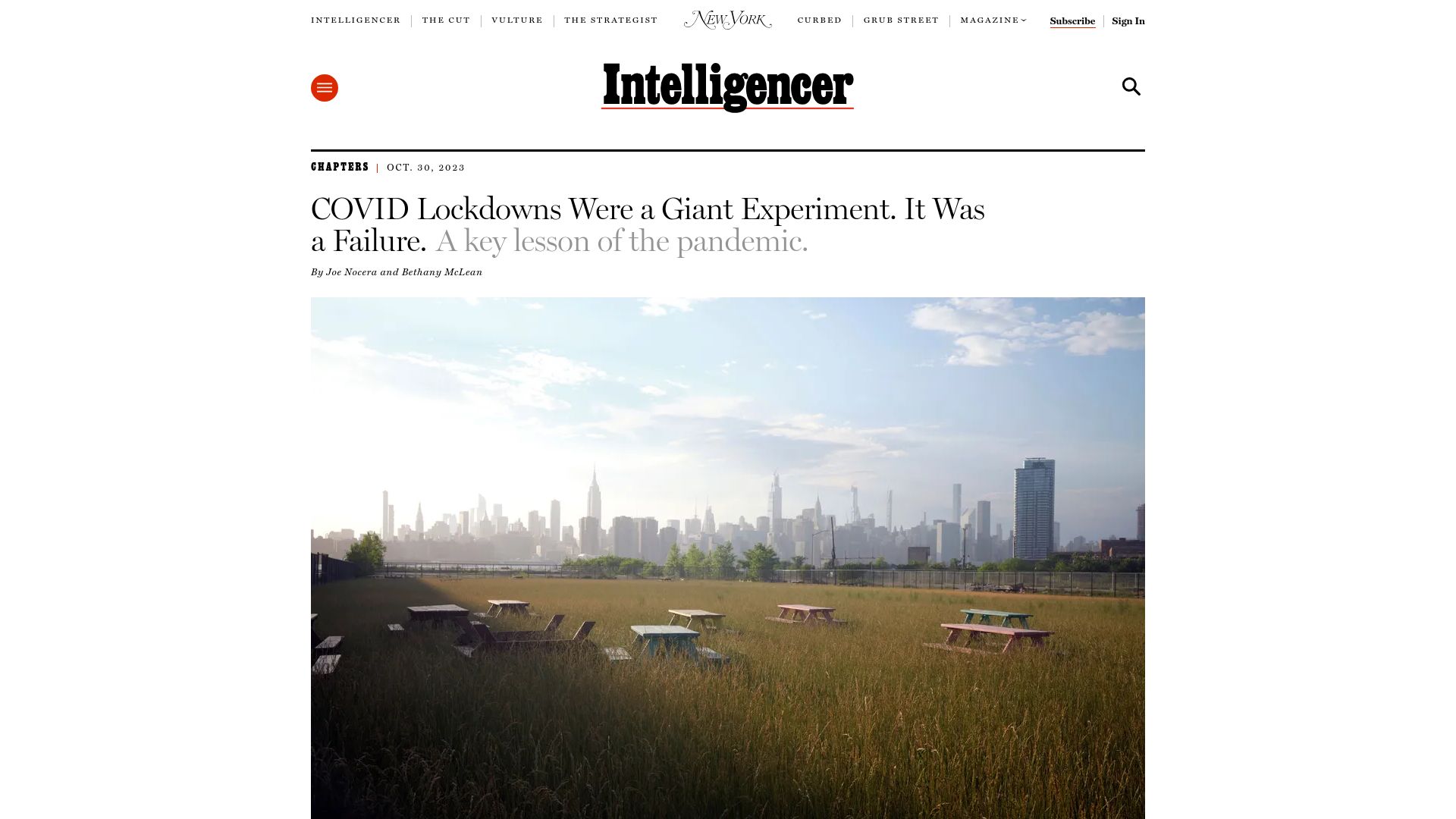 Screenshot of nymag.com: Covid Lockdowns Were a Giant Experiment. It Was a Failure