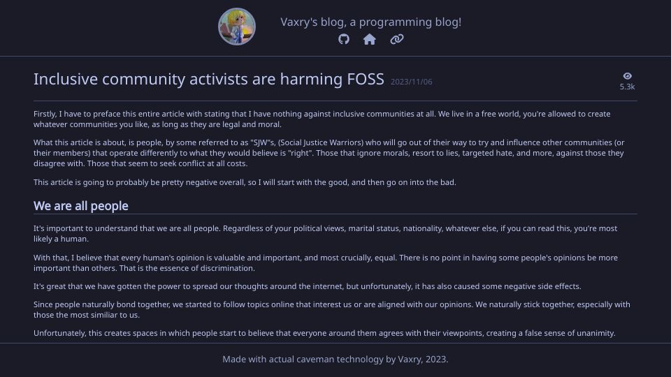 Screenshot of blog.vaxry.net: Inclusive community activists are harming FOSS