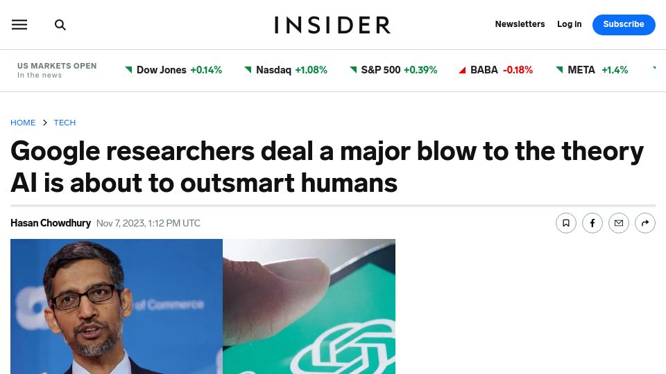 Screenshot of businessinsider.com: Google researchers deal a major blow to the theory AI about to outsmart humans