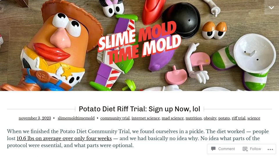 Screenshot of slimemoldtimemold.com: Potato Diet Riff Trial: Sign Up Now, Lol