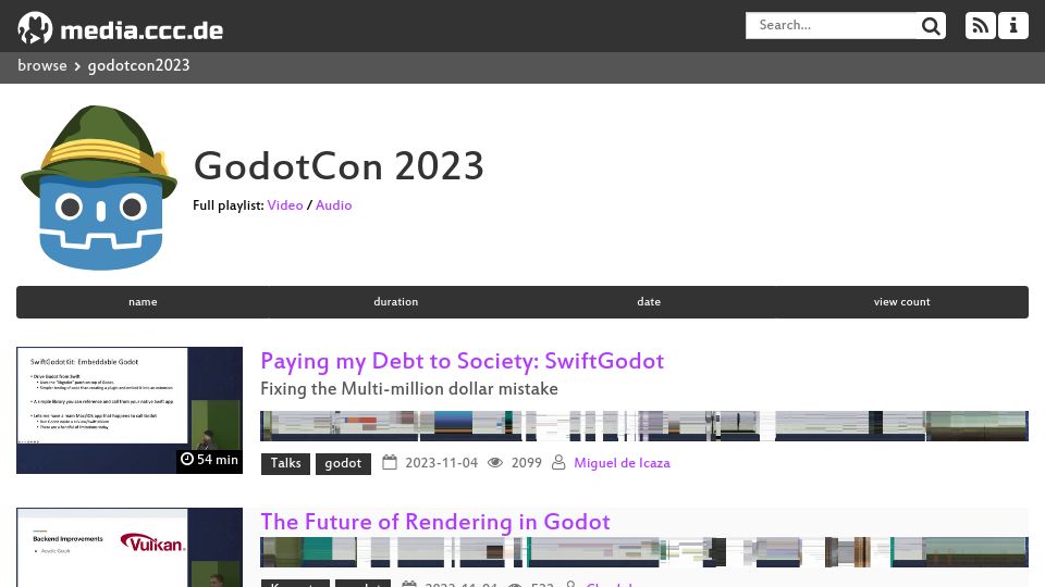 Screenshot of media.ccc.de: Videos of Godotcon 2023