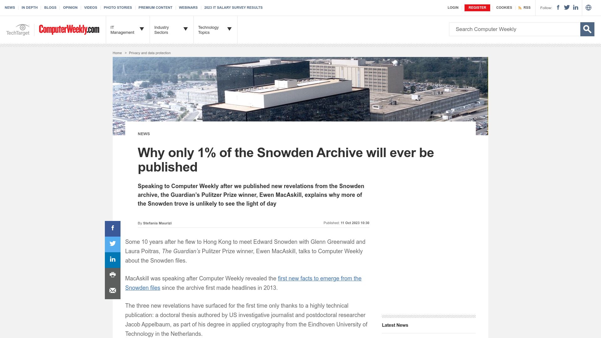 Screenshot of computerweekly.com: Why only 1% of the Snowden Archive will ever be published
