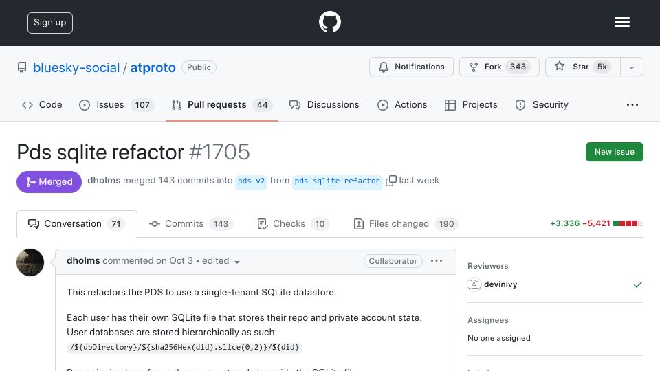 Screenshot of github.com: Bluesky migrates to single-tenant SQLite
