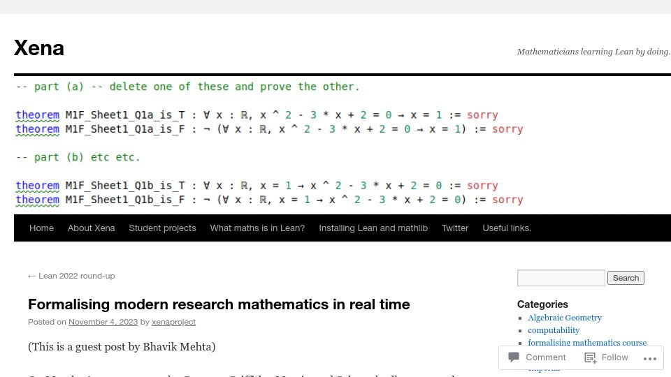 Screenshot of xenaproject.wordpress.com: Formalising modern research mathematics in real time