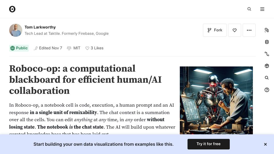Screenshot of observablehq.com: Show HN: Roboco-op, a computational blackboard for efficient human/AI collab