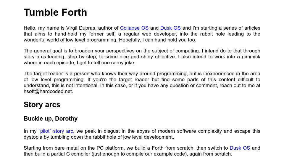 Screenshot of tumbleforth.hardcoded.net: Tumble Forth