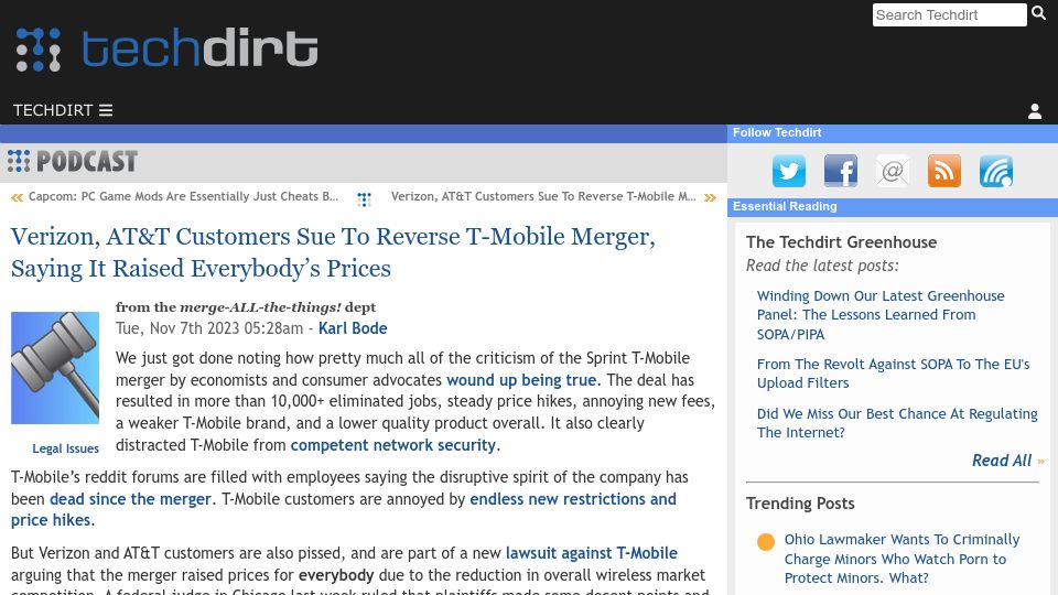 Screenshot of techdirt.com: Verizon, AT&T customers sue to undo T-Mobile merger