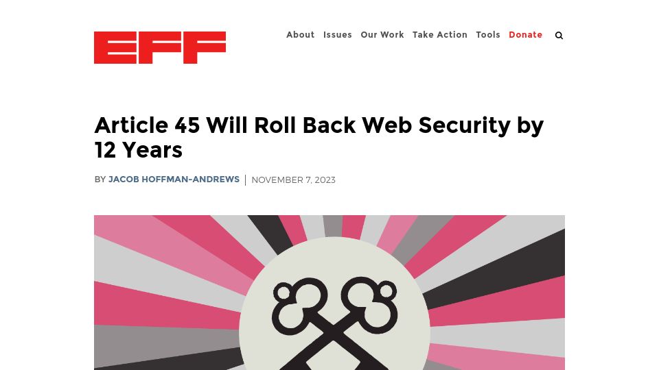 Screenshot of eff.org: Article 45 of eIDAS 2.0 will roll back web security by 12 years