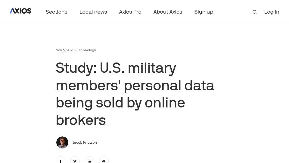Screenshot of axios.com: U.S. military members' personal data being sold by online brokers