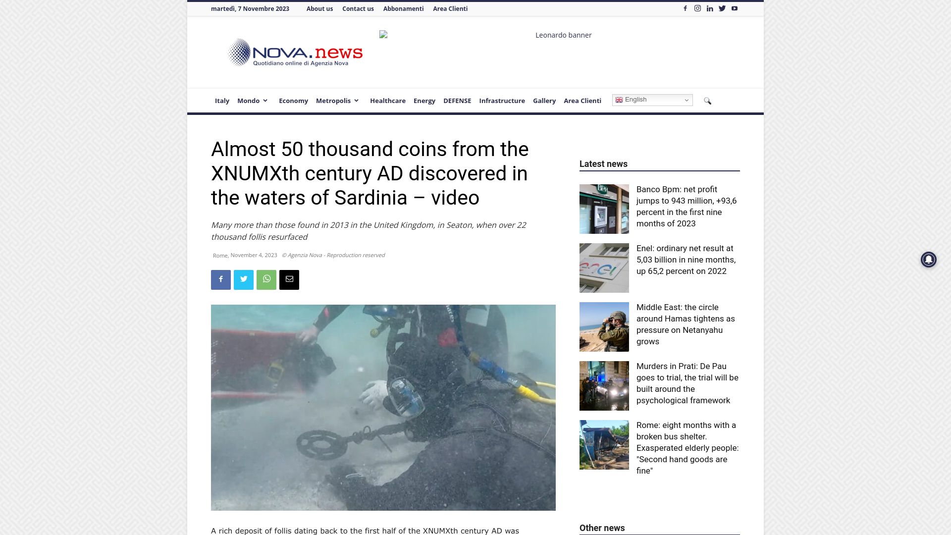 Screenshot of agenzianova.com: Almost fifty thousand roman coins discovered in the waters of Sardinia