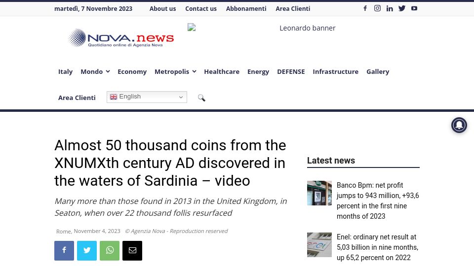 Screenshot of agenzianova.com: Almost fifty thousand roman coins discovered in the waters of Sardinia