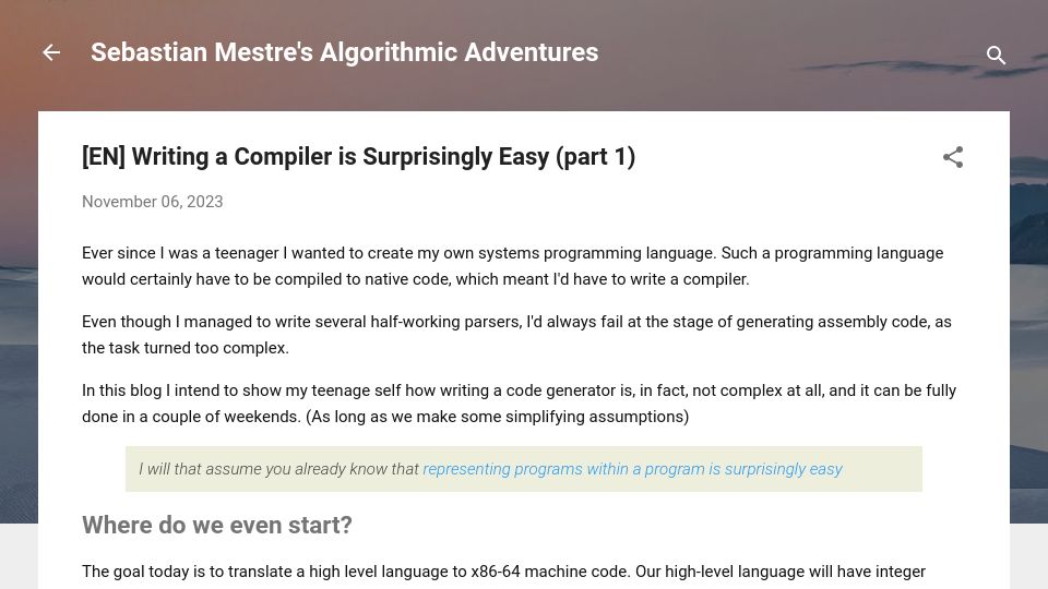 Screenshot of sebmestre.blogspot.com: Writing a Compiler is Surprisingly Easy (part 1)