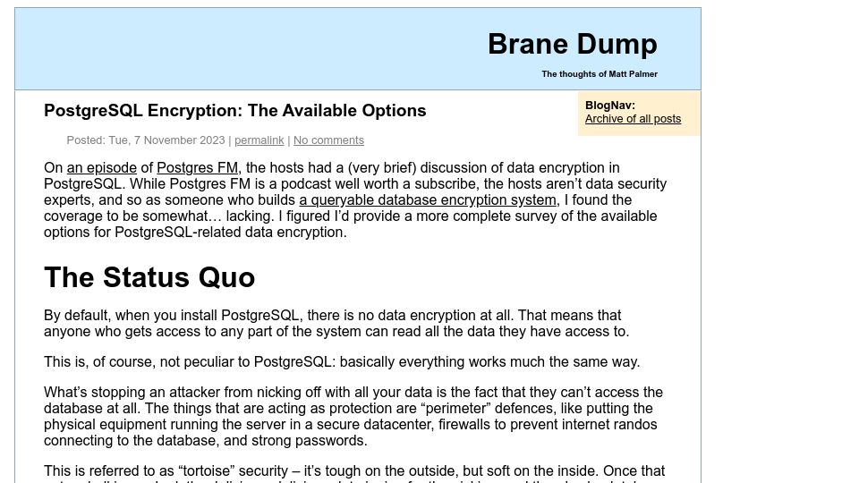 Screenshot of hezmatt.org: PostgreSQL Encryption: The Available Options