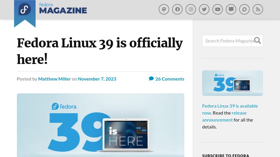Screenshot of fedoramagazine.org: Fedora 39 Released
