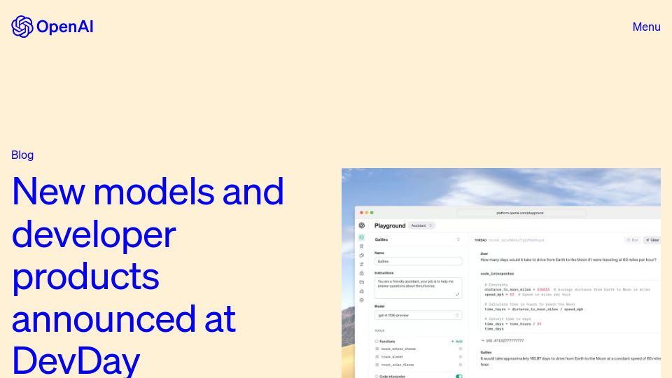 Screenshot of openai.com: New models and developer products