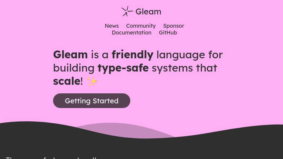 Screenshot of gleam.run: Gleam: a type safe language on the Erlang VM