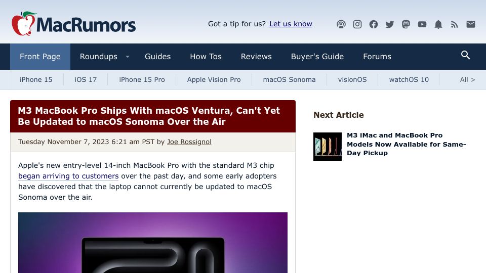 Screenshot of macrumors.com: M3 MacBook Pro Ships with macOS Ventura, Can't yet Be Updated to macOS Sonoma