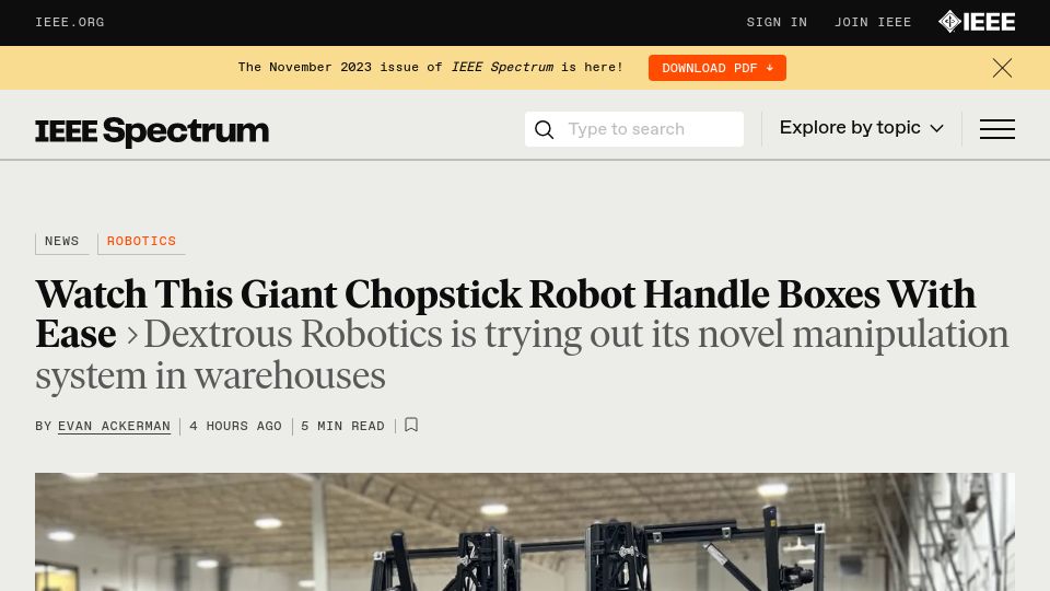 Screenshot of spectrum.ieee.org: Chopstick robot handle boxes with ease