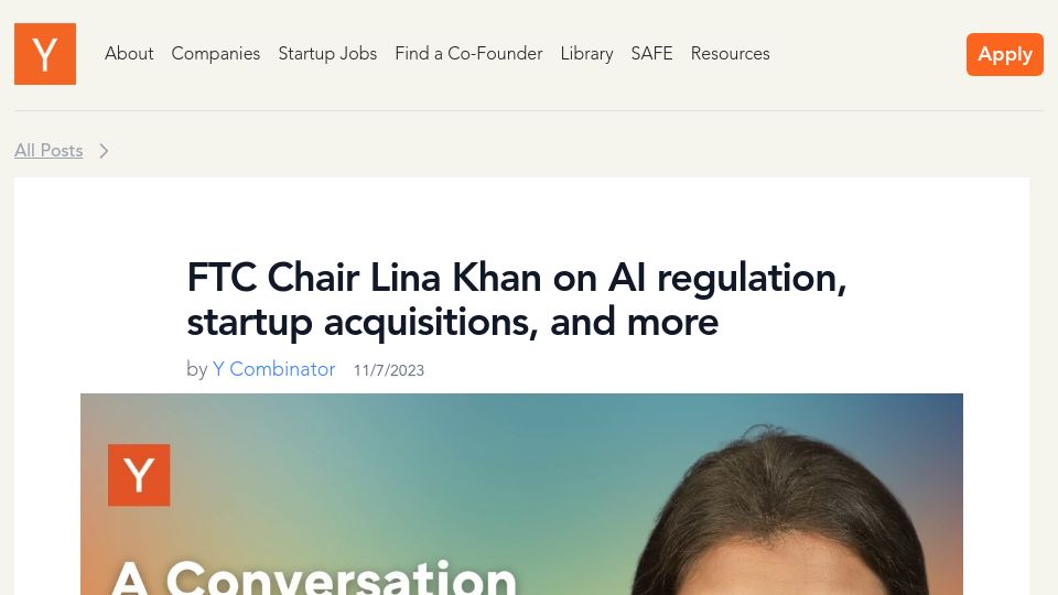 Screenshot of ycombinator.com: FTC Chair Lina Khan on AI regulation, startup acquisitions, and more [audio]