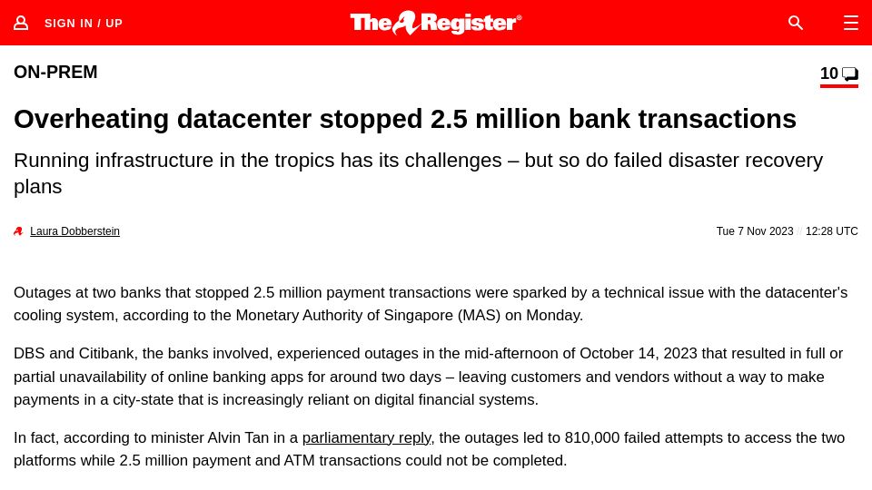 Screenshot of theregister.com: Overheating datacenter stopped 2.5M bank transactions