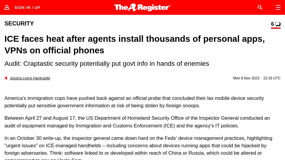 Screenshot of theregister.com: ICE faces heat after agents install apps, VPNs on official phones